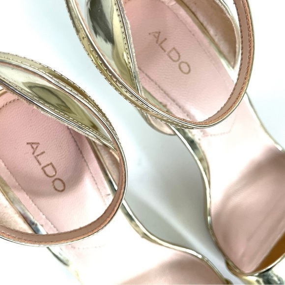 Aldo Patent Leather Polesia Gold Metallic Ankle Strap Stiletto High Heel Shoe 8 - Picture 7 of 12